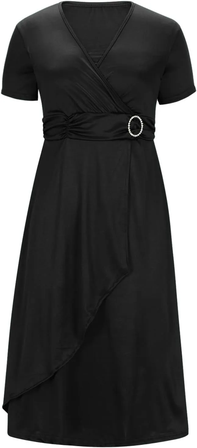 NaRHbrg Women's Wrap Midi Dress Elegant Short Sleeve V Neck Belted Ruffled Dresses Plus Size Formal Cocktail Wedding Dress