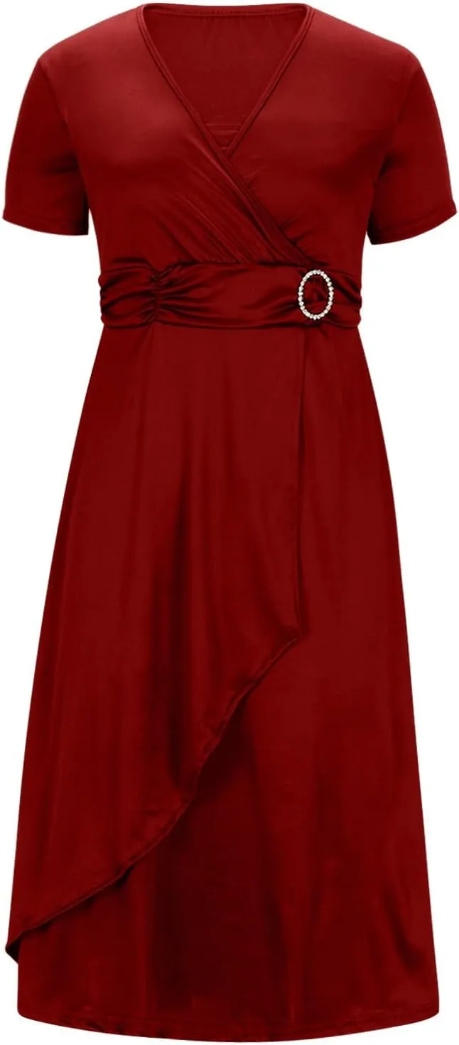 NaRHbrg Women's Wrap Midi Dress Elegant Short Sleeve V Neck Belted Ruffled Dresses Plus Size Formal Cocktail Wedding Dress