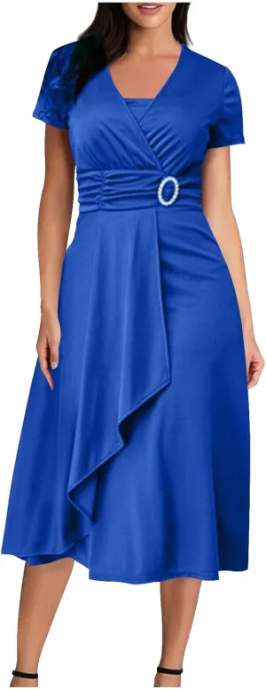 NaRHbrg Women's Wrap Midi Dress Elegant Short Sleeve V Neck Belted Ruffled Dresses Plus Size Formal Cocktail Wedding Dress