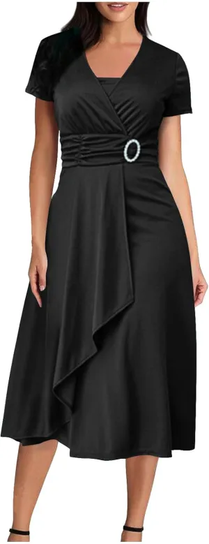NaRHbrg Women's Wrap Midi Dress Elegant Short Sleeve V Neck Belted Ruffled Dresses Plus Size Formal Cocktail Wedding Dress