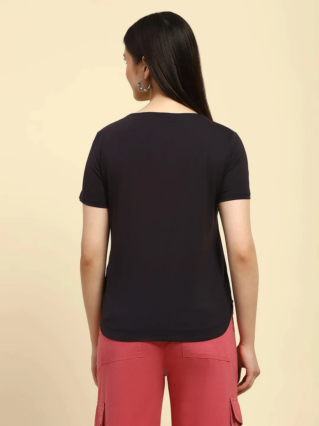 Navy Embroidered Cotton Relaxed Fit Top