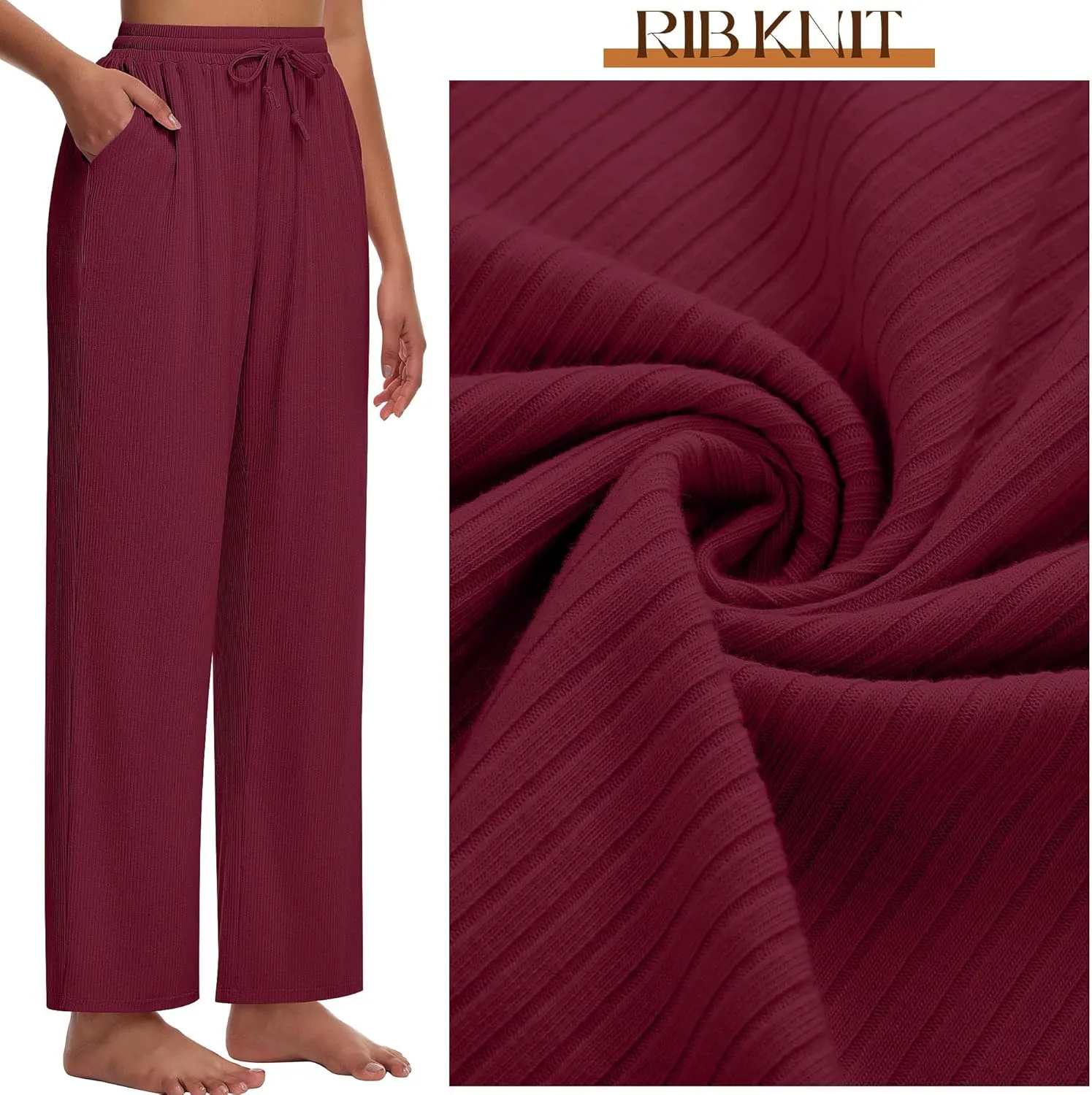 Neer 3 Pack Women's Lounge Pants with Pockets, Rib Knit Yoga Cozy Pants High Waisted Drawstring Sweatpant Wide Leg Jogger