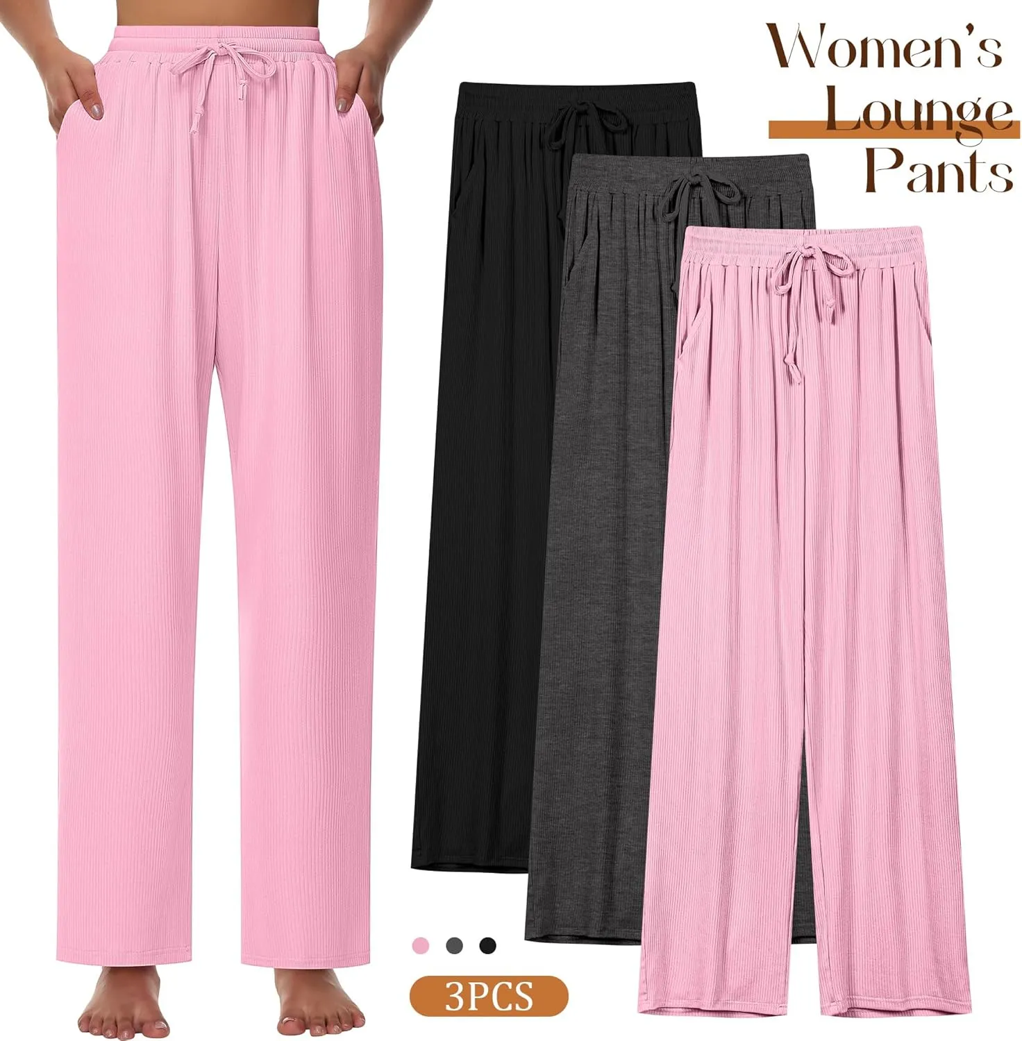 Neer 3 Pack Women's Lounge Pants with Pockets, Rib Knit Yoga Cozy Pants High Waisted Drawstring Sweatpant Wide Leg Jogger