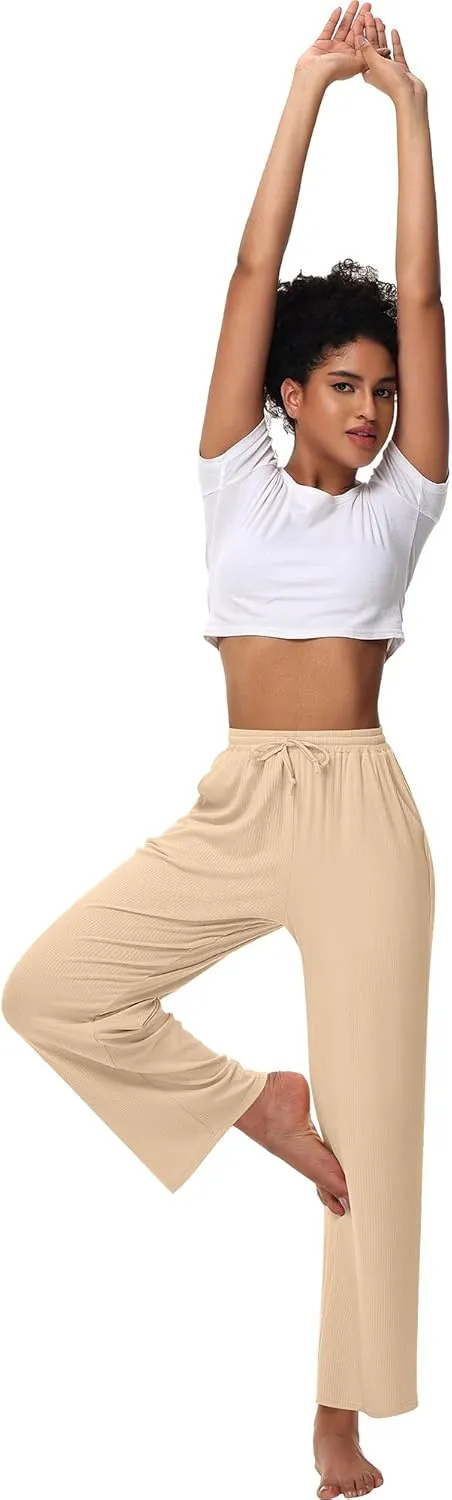 Neer 3 Pack Women's Lounge Pants with Pockets, Rib Knit Yoga Cozy Pants High Waisted Drawstring Sweatpant Wide Leg Jogger