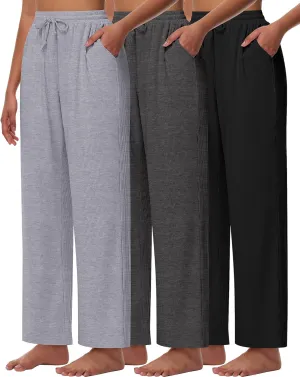 Neer 3 Pack Women's Lounge Pants with Pockets, Rib Knit Yoga Cozy Pants High Waisted Drawstring Sweatpant Wide Leg Jogger