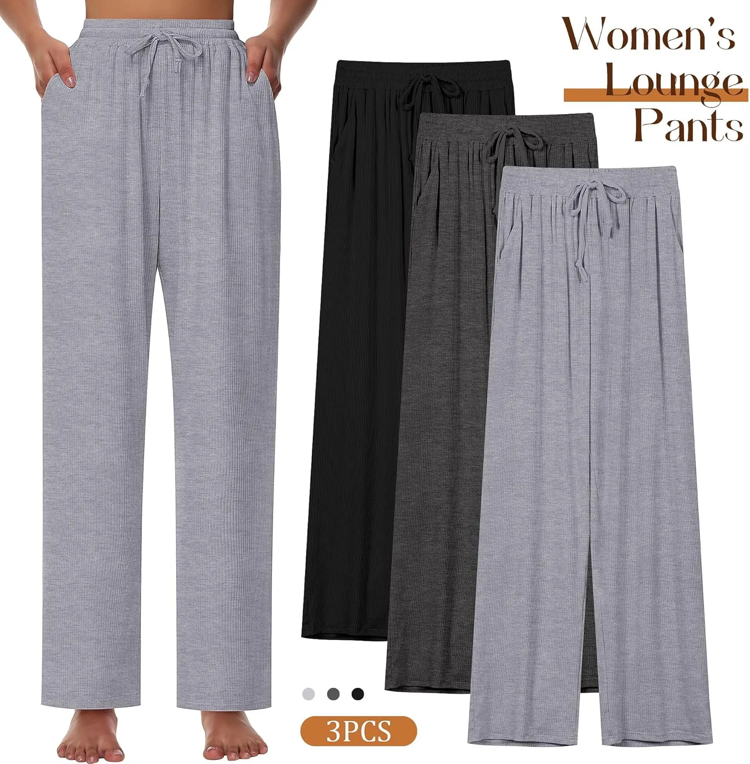 Neer 3 Pack Women's Lounge Pants with Pockets, Rib Knit Yoga Cozy Pants High Waisted Drawstring Sweatpant Wide Leg Jogger