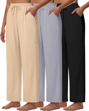 Neer 3 Pack Women's Lounge Pants with Pockets, Rib Knit Yoga Cozy Pants High Waisted Drawstring Sweatpant Wide Leg Jogger