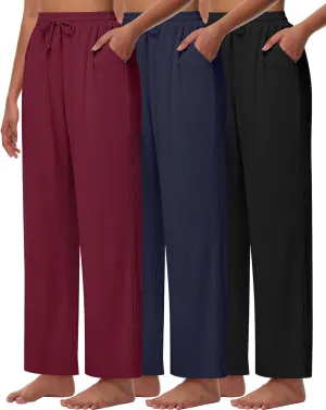 Neer 3 Pack Women's Lounge Pants with Pockets, Rib Knit Yoga Cozy Pants High Waisted Drawstring Sweatpant Wide Leg Jogger
