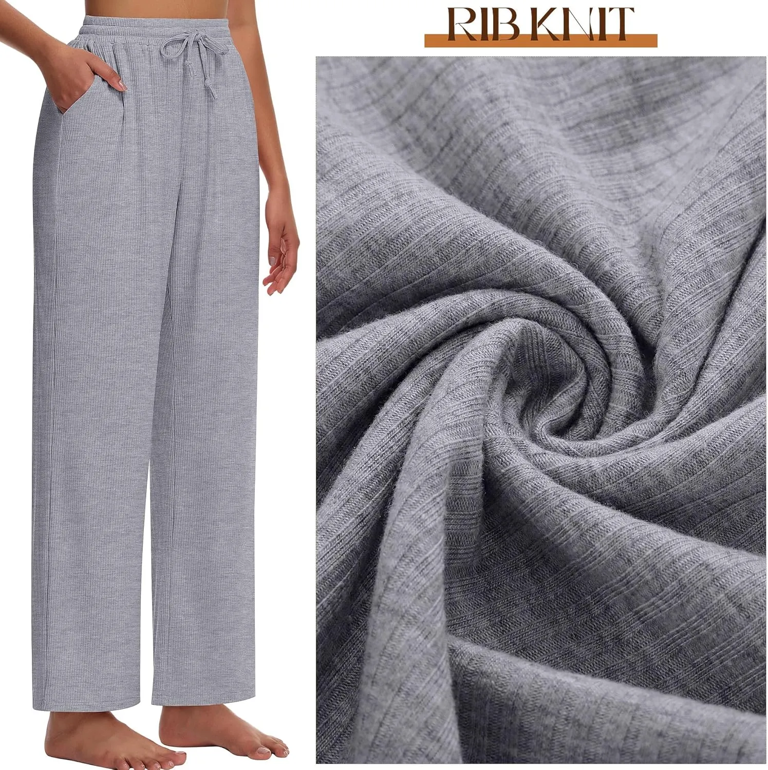 Neer 3 Pack Women's Lounge Pants with Pockets, Rib Knit Yoga Cozy Pants High Waisted Drawstring Sweatpant Wide Leg Jogger
