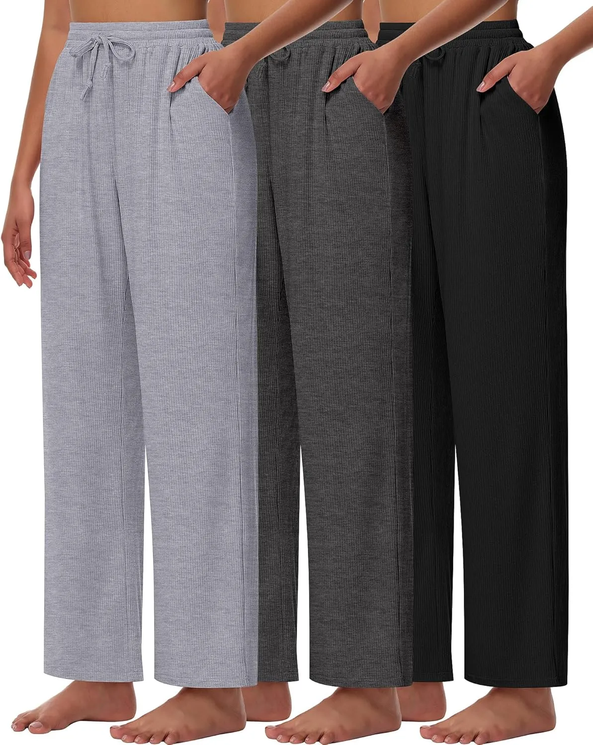 Neer 3 Pack Women's Lounge Pants with Pockets, Rib Knit Yoga Cozy Pants High Waisted Drawstring Sweatpant Wide Leg Jogger