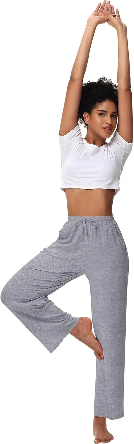 Neer 3 Pack Women's Lounge Pants with Pockets, Rib Knit Yoga Cozy Pants High Waisted Drawstring Sweatpant Wide Leg Jogger