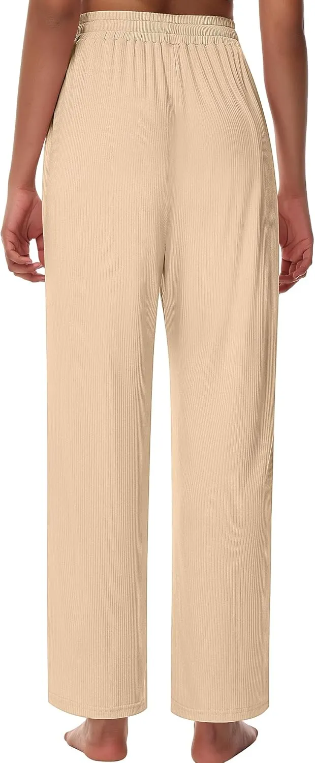 Neer 3 Pack Women's Lounge Pants with Pockets, Rib Knit Yoga Cozy Pants High Waisted Drawstring Sweatpant Wide Leg Jogger