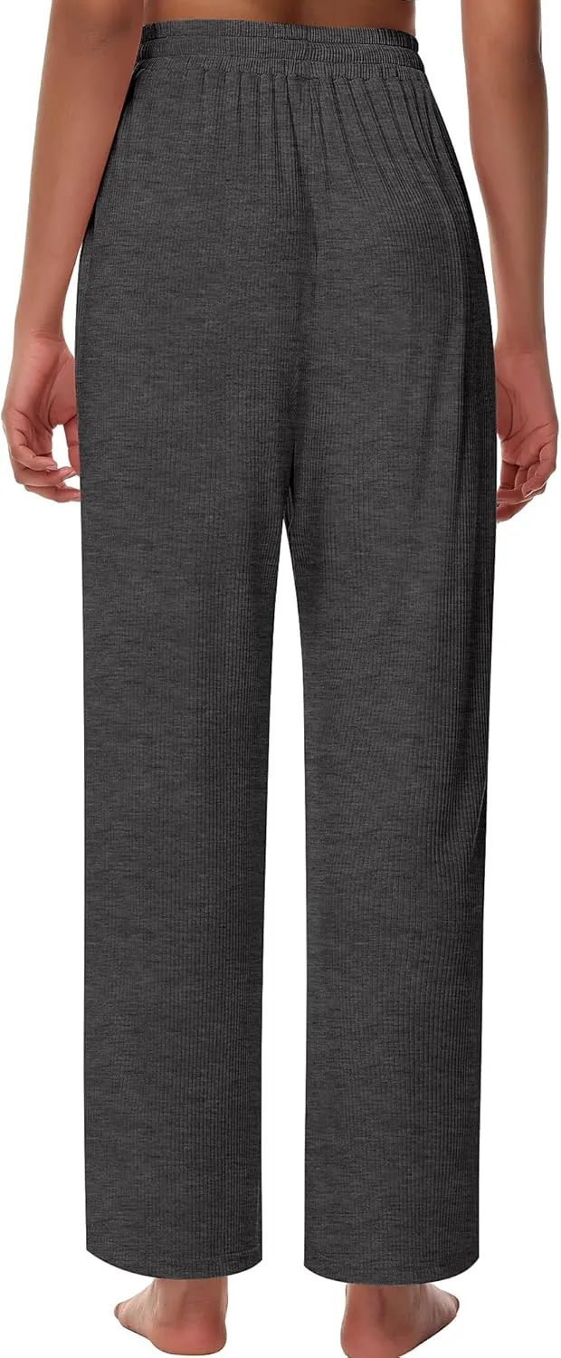 Neer 3 Pack Women's Lounge Pants with Pockets, Rib Knit Yoga Cozy Pants High Waisted Drawstring Sweatpant Wide Leg Jogger