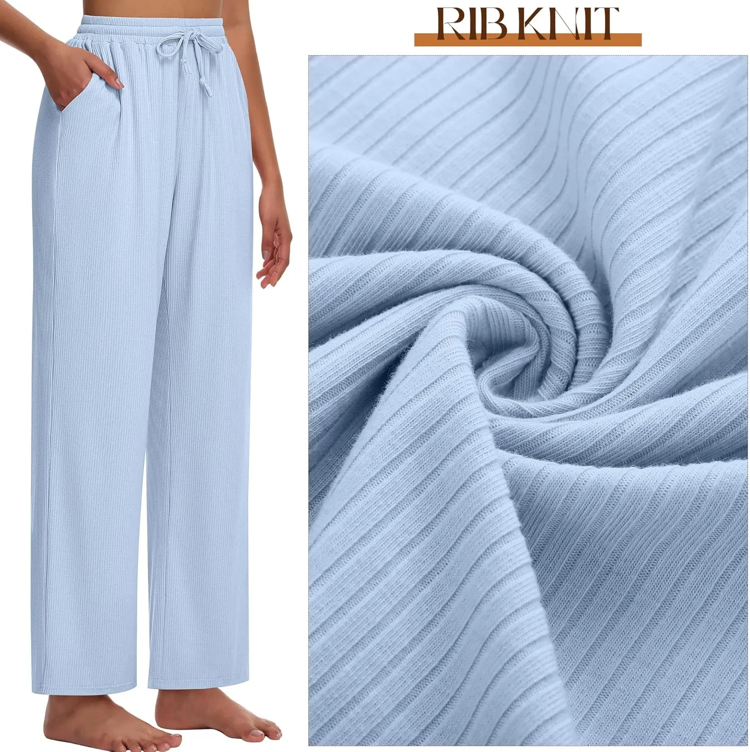 Neer 3 Pack Women's Lounge Pants with Pockets, Rib Knit Yoga Cozy Pants High Waisted Drawstring Sweatpant Wide Leg Jogger