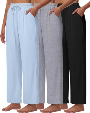 Neer 3 Pack Women's Lounge Pants with Pockets, Rib Knit Yoga Cozy Pants High Waisted Drawstring Sweatpant Wide Leg Jogger