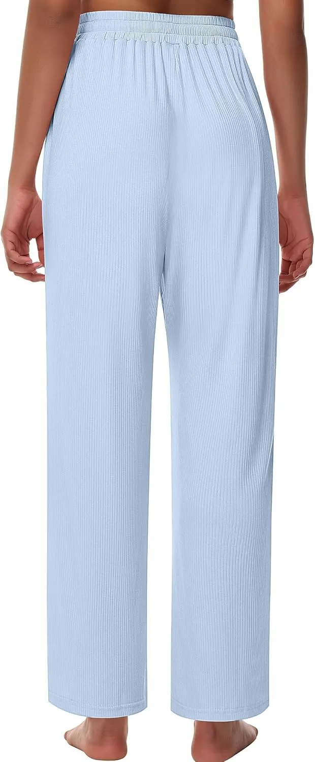 Neer 3 Pack Women's Lounge Pants with Pockets, Rib Knit Yoga Cozy Pants High Waisted Drawstring Sweatpant Wide Leg Jogger