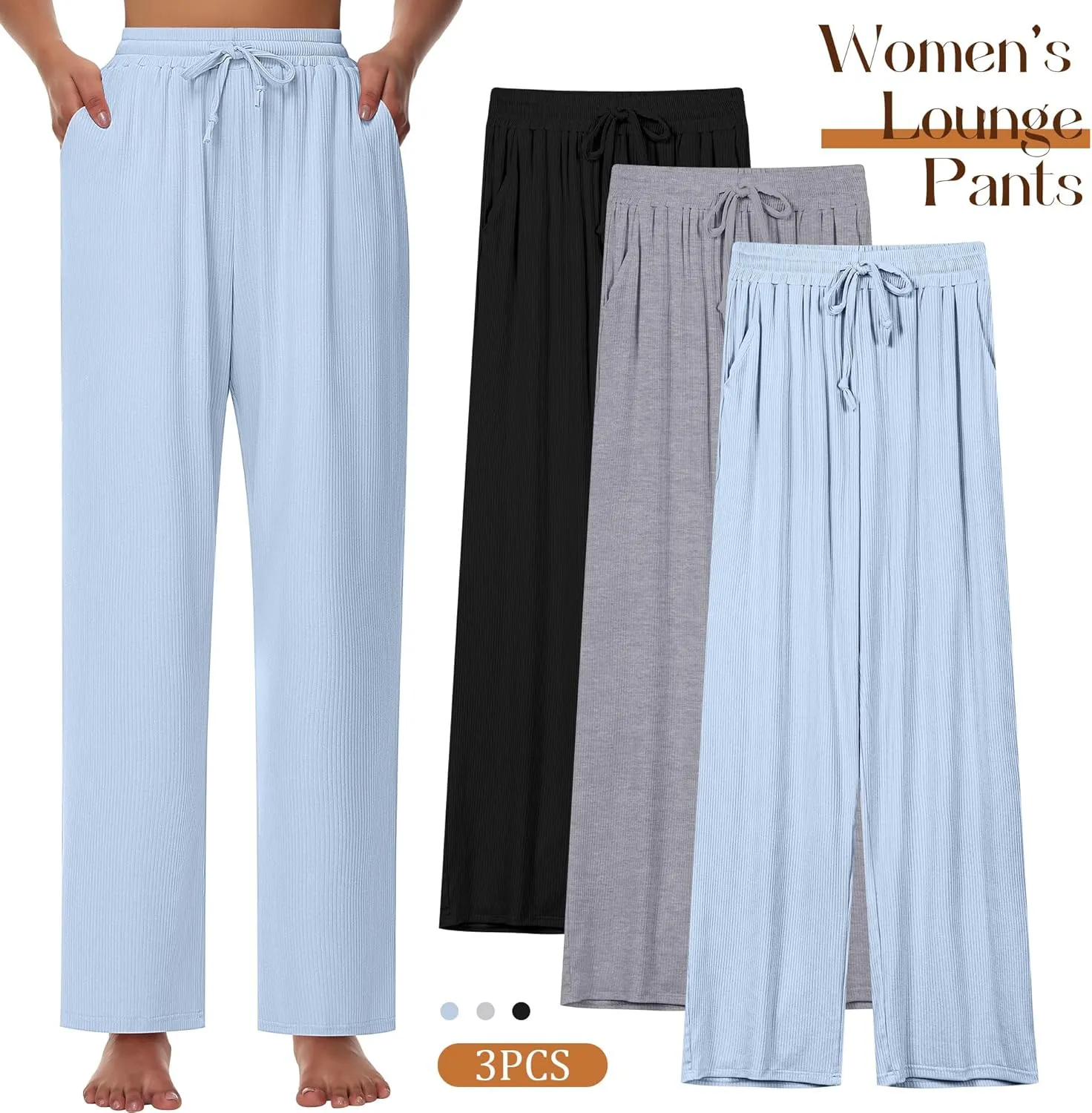 Neer 3 Pack Women's Lounge Pants with Pockets, Rib Knit Yoga Cozy Pants High Waisted Drawstring Sweatpant Wide Leg Jogger