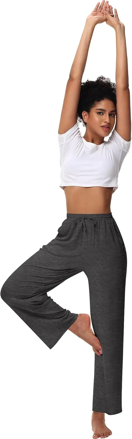 Neer 3 Pack Women's Lounge Pants with Pockets, Rib Knit Yoga Cozy Pants High Waisted Drawstring Sweatpant Wide Leg Jogger