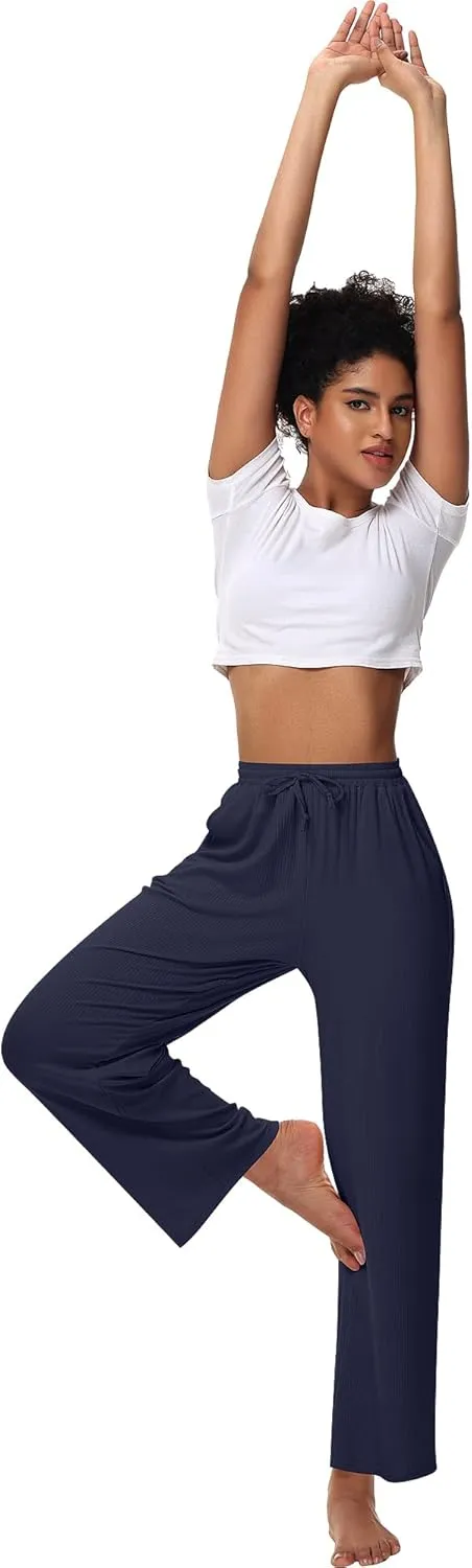 Neer 3 Pack Women's Lounge Pants with Pockets, Rib Knit Yoga Cozy Pants High Waisted Drawstring Sweatpant Wide Leg Jogger