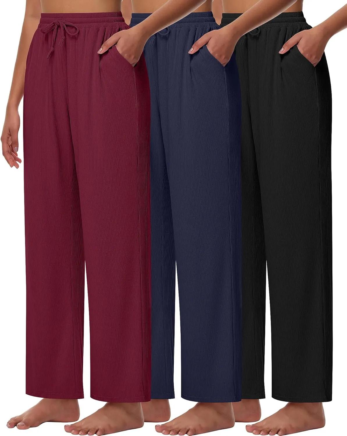 Neer 3 Pack Women's Lounge Pants with Pockets, Rib Knit Yoga Cozy Pants High Waisted Drawstring Sweatpant Wide Leg Jogger