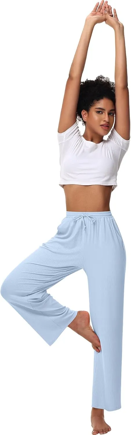 Neer 3 Pack Women's Lounge Pants with Pockets, Rib Knit Yoga Cozy Pants High Waisted Drawstring Sweatpant Wide Leg Jogger