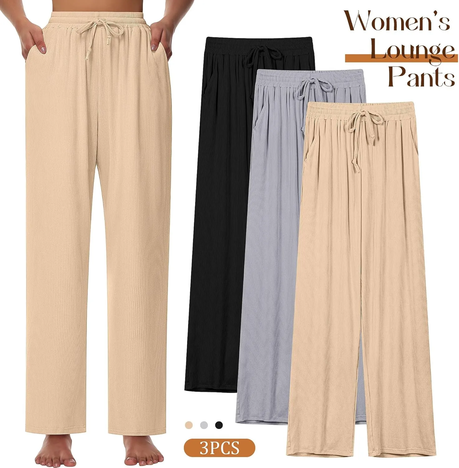 Neer 3 Pack Women's Lounge Pants with Pockets, Rib Knit Yoga Cozy Pants High Waisted Drawstring Sweatpant Wide Leg Jogger
