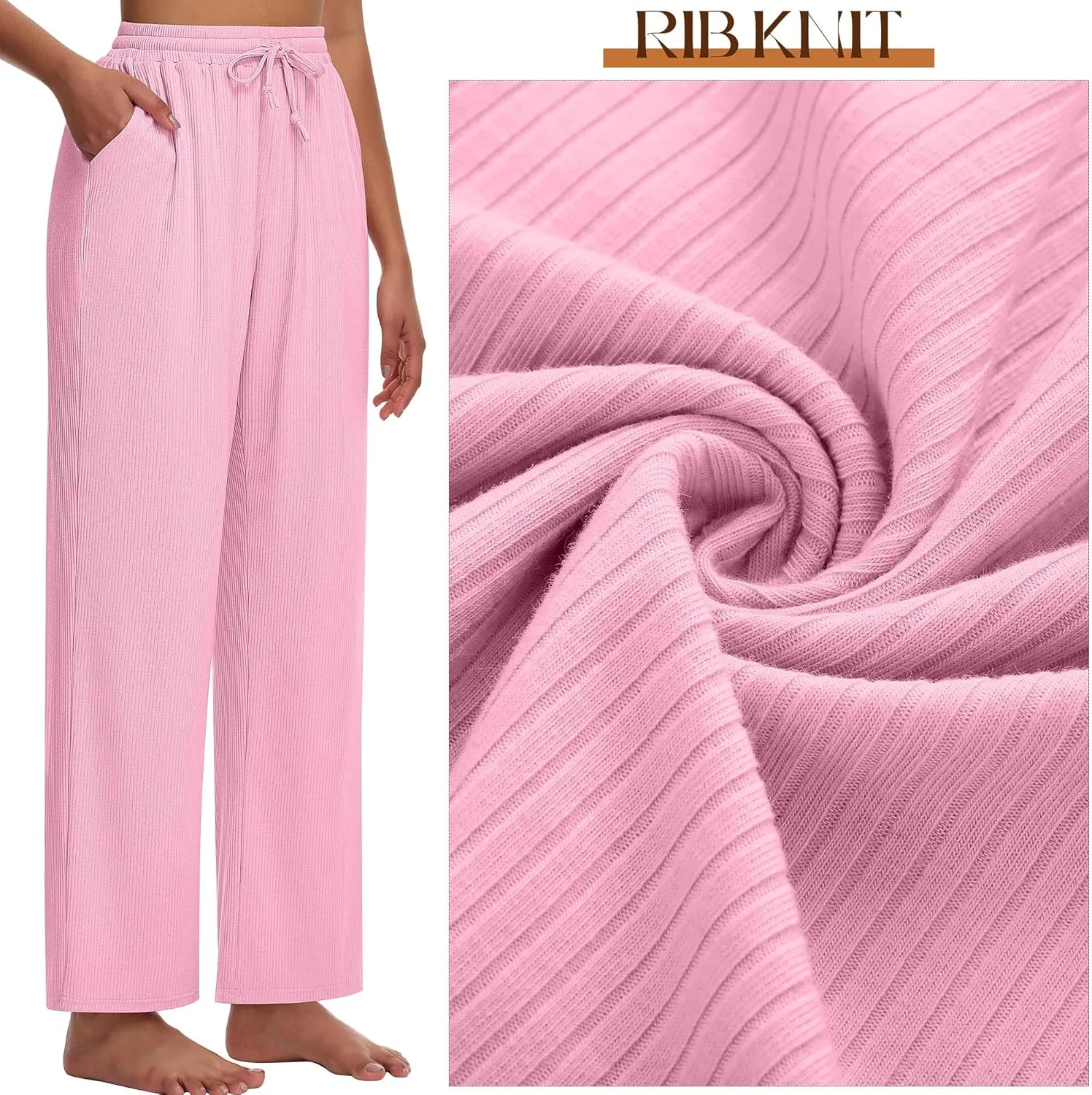 Neer 3 Pack Women's Lounge Pants with Pockets, Rib Knit Yoga Cozy Pants High Waisted Drawstring Sweatpant Wide Leg Jogger