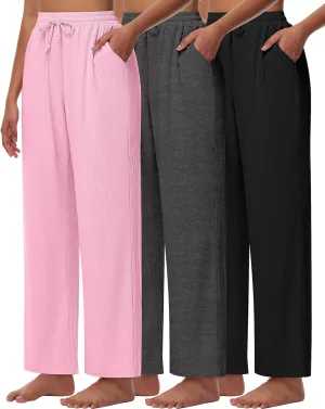 Neer 3 Pack Women's Lounge Pants with Pockets, Rib Knit Yoga Cozy Pants High Waisted Drawstring Sweatpant Wide Leg Jogger