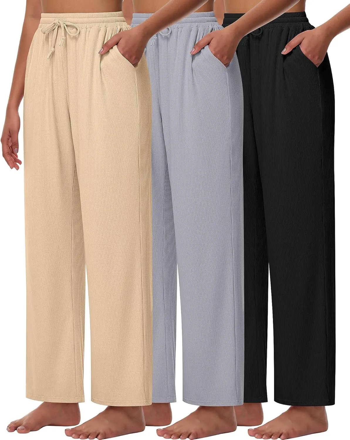 Neer 3 Pack Women's Lounge Pants with Pockets, Rib Knit Yoga Cozy Pants High Waisted Drawstring Sweatpant Wide Leg Jogger