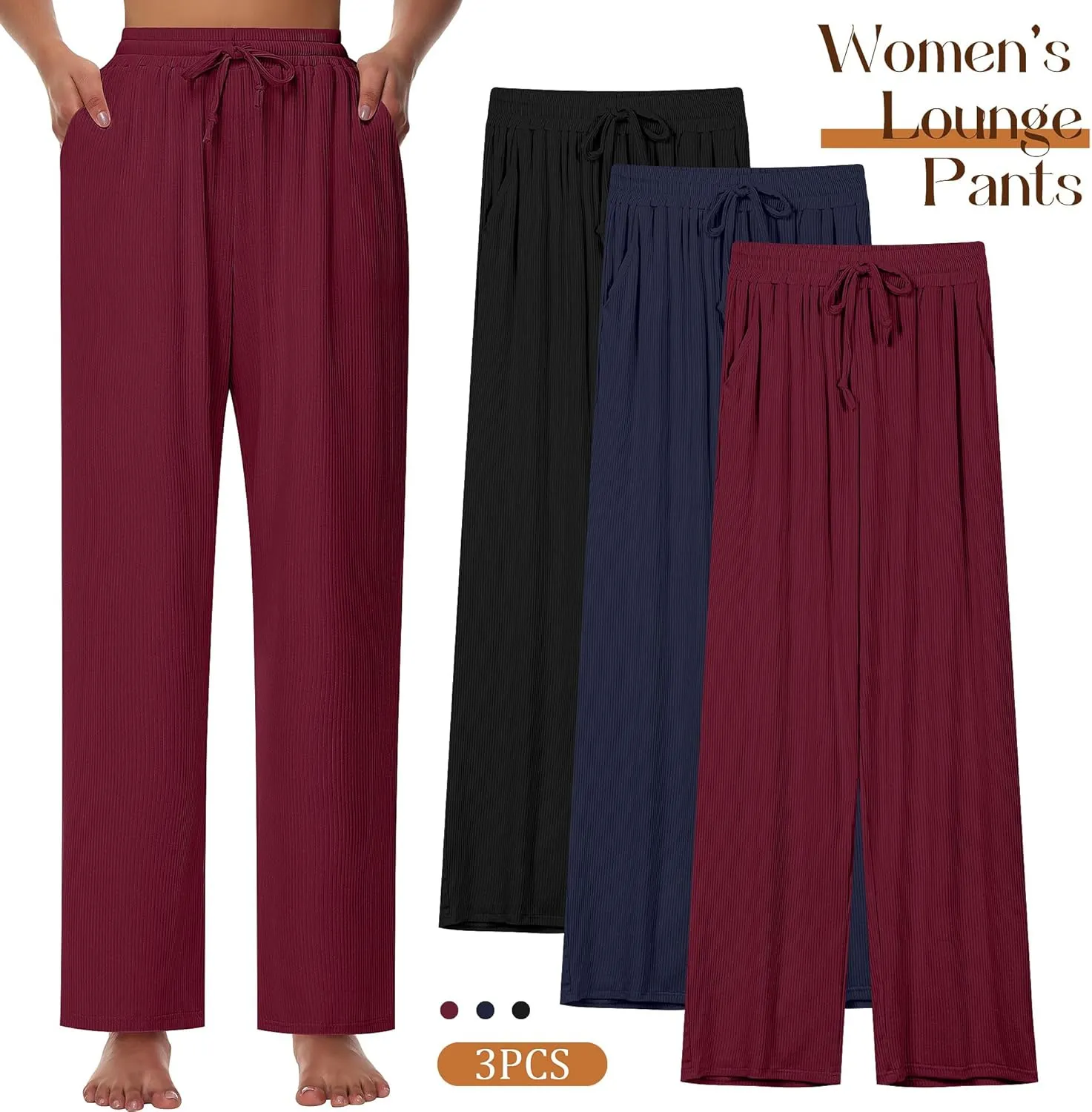 Neer 3 Pack Women's Lounge Pants with Pockets, Rib Knit Yoga Cozy Pants High Waisted Drawstring Sweatpant Wide Leg Jogger