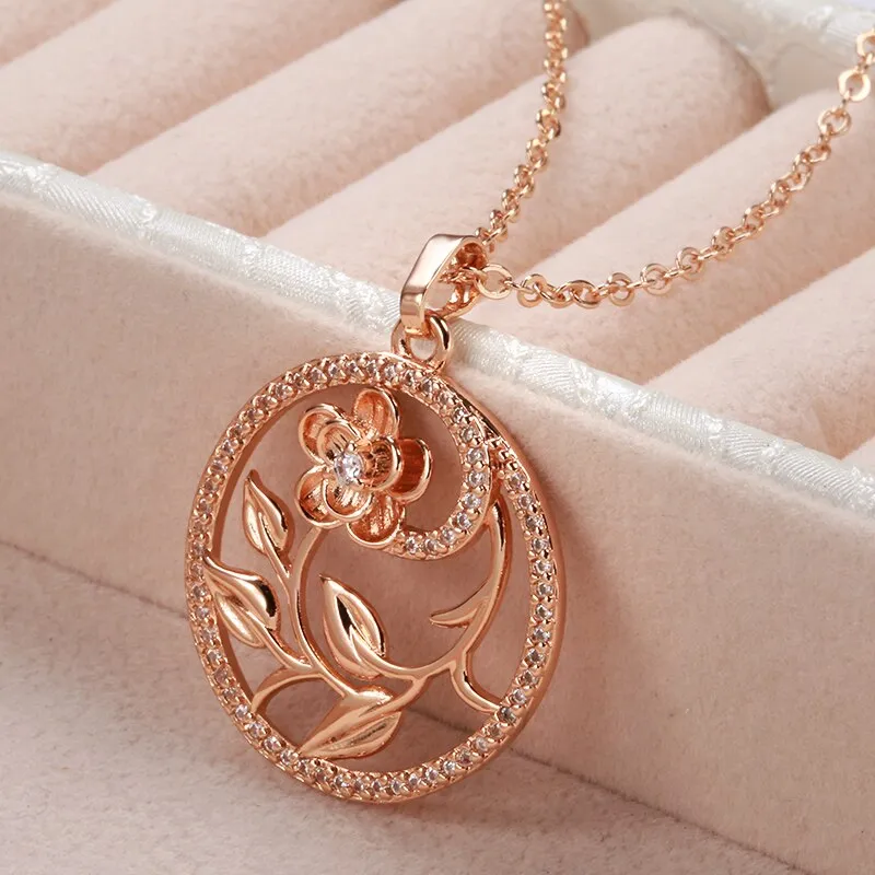 New 585 Rose Gold Hollow Flower Pendant Necklaces for Women