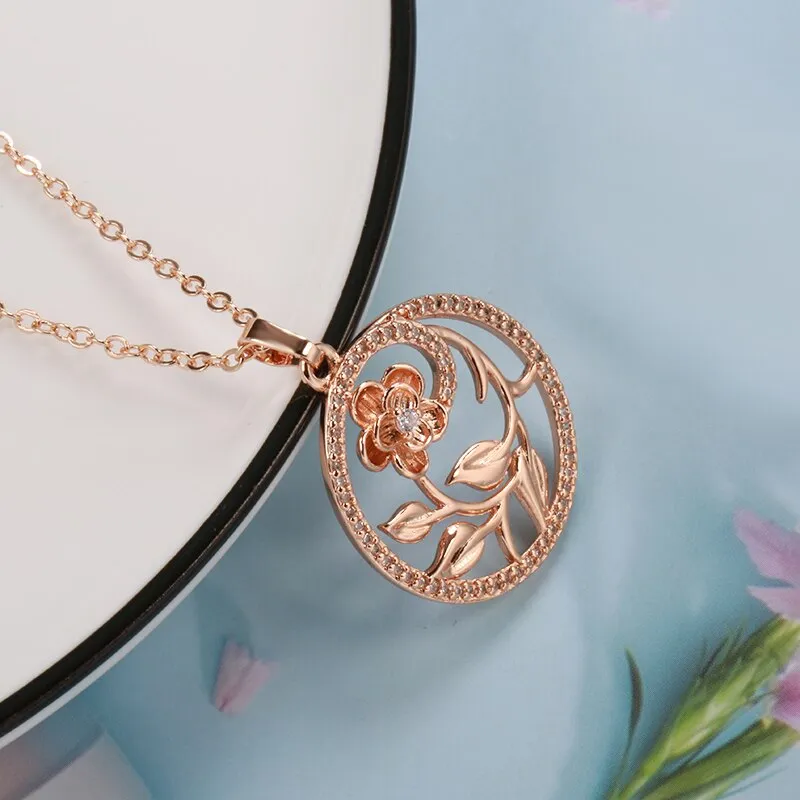 New 585 Rose Gold Hollow Flower Pendant Necklaces for Women