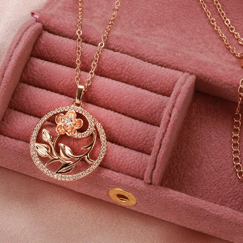 New 585 Rose Gold Hollow Flower Pendant Necklaces for Women