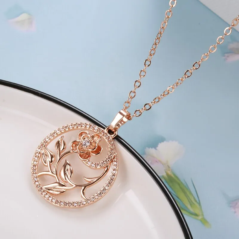 New 585 Rose Gold Hollow Flower Pendant Necklaces for Women