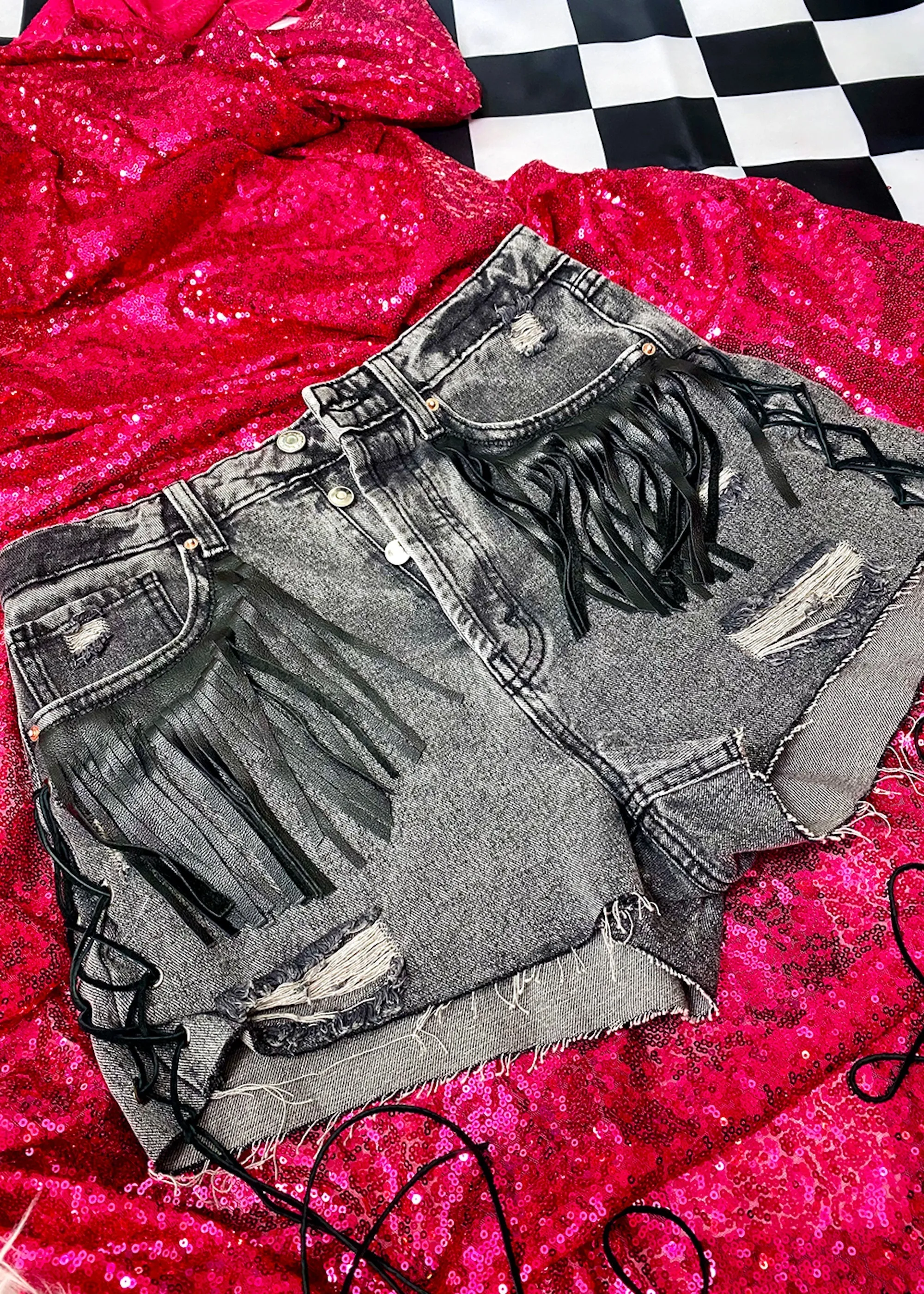 No Thank You Leather Fringe Denim Shorts