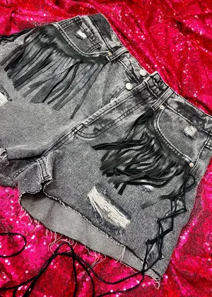 No Thank You Leather Fringe Denim Shorts