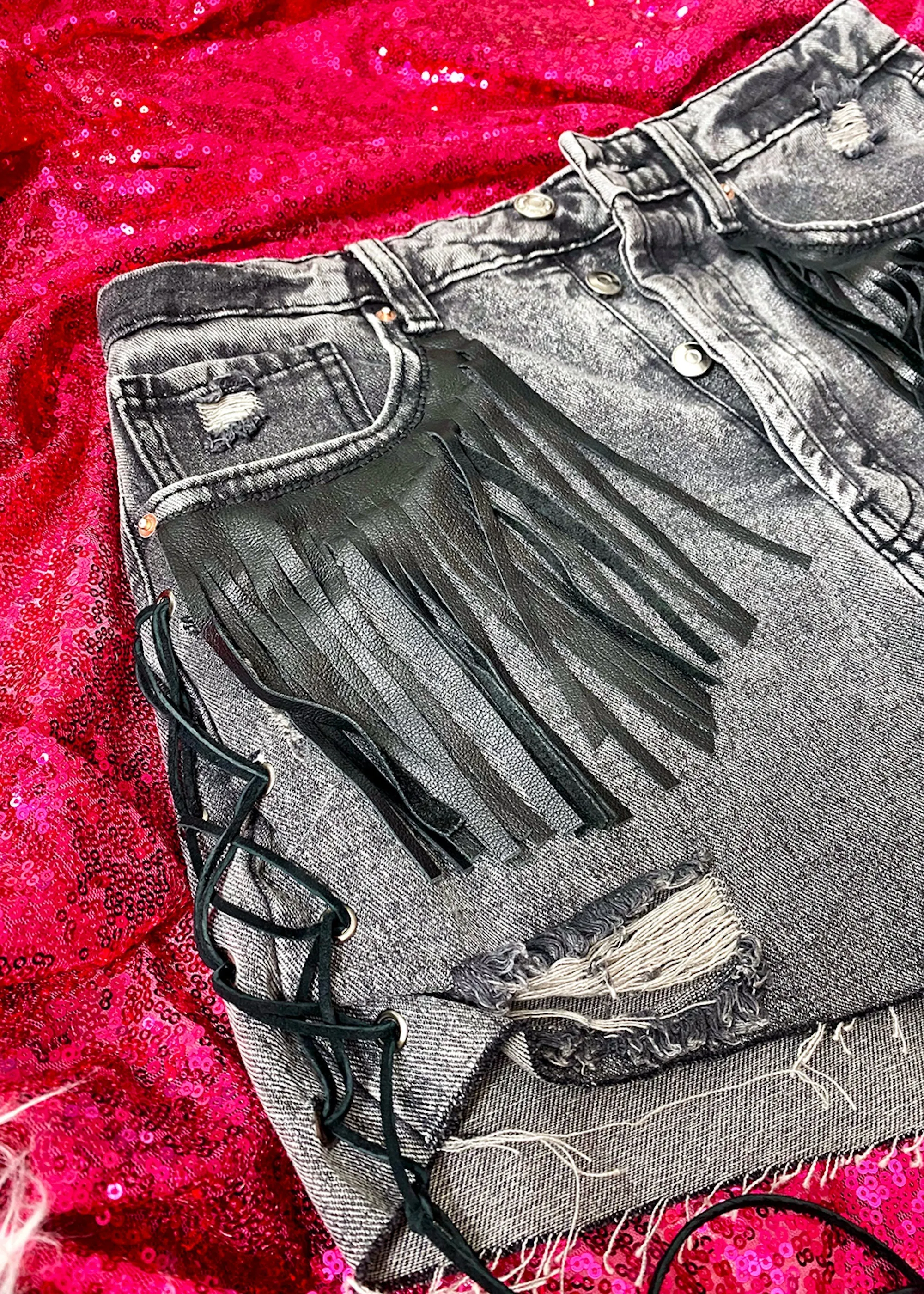 No Thank You Leather Fringe Denim Shorts