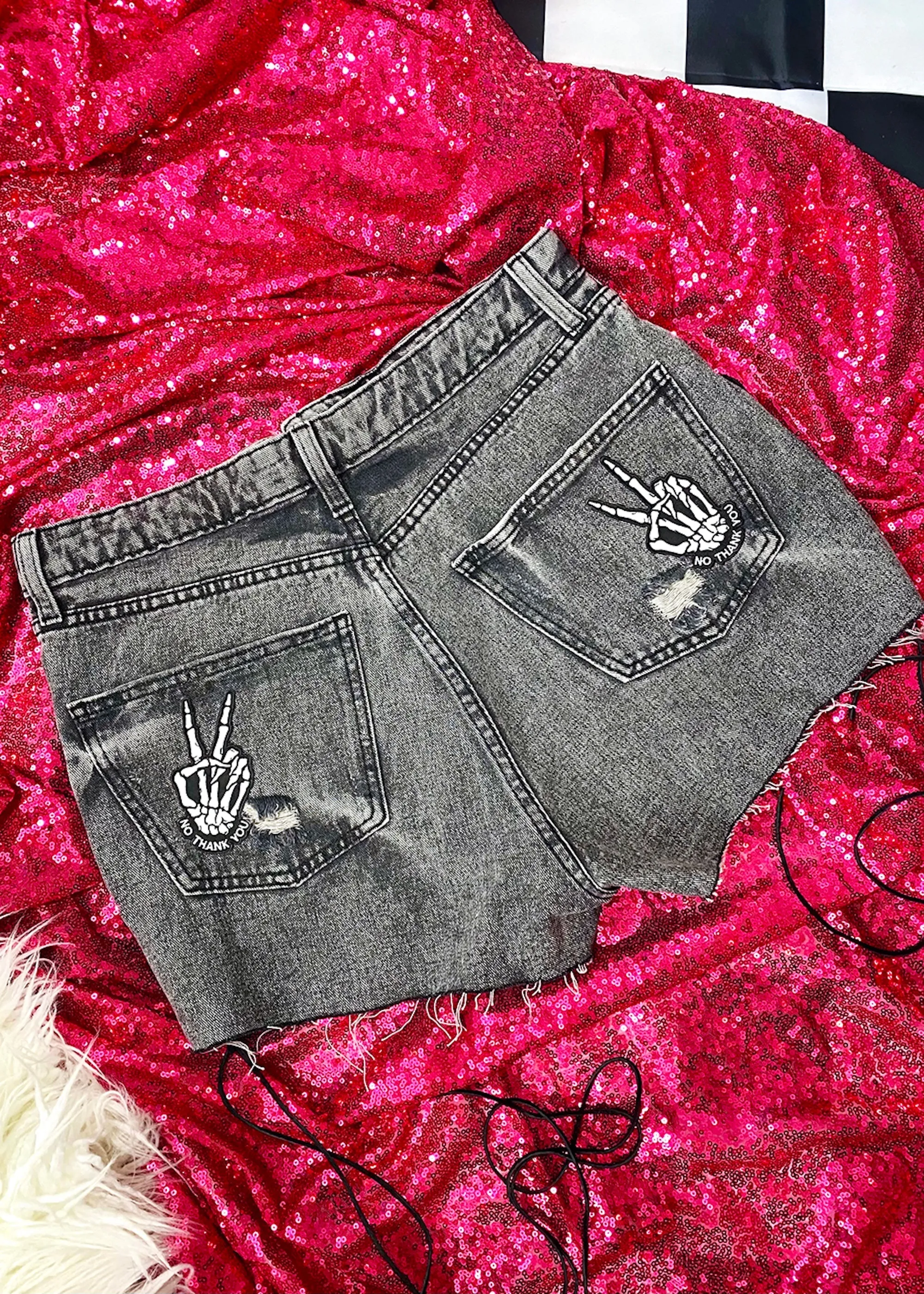 No Thank You Leather Fringe Denim Shorts