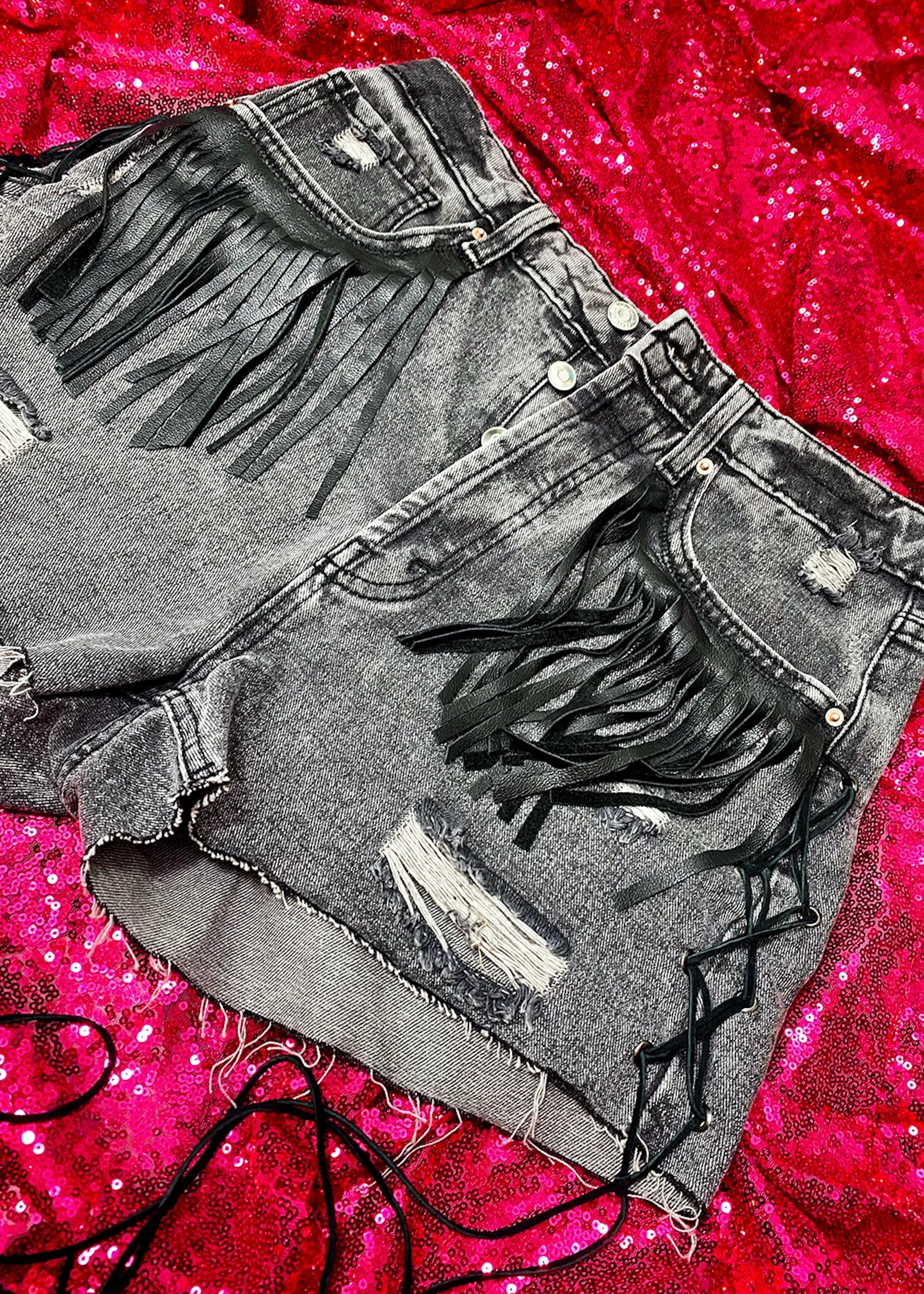 No Thank You Leather Fringe Denim Shorts