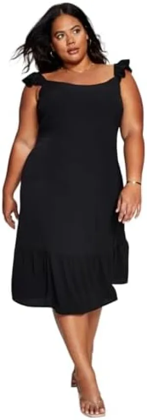 Now This Trendy Plus Size Flutter Sleeve Midi Dress Black 1X