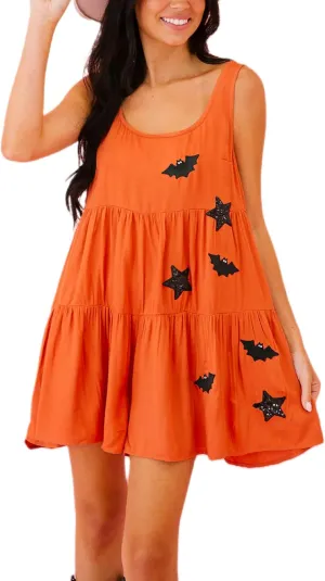 NUFIWI Women Gingham Short Dress Sleeveless Sequin Stars Bat Loose Babydoll Tank Dress Scoop Neck Halloween Mini Dresses