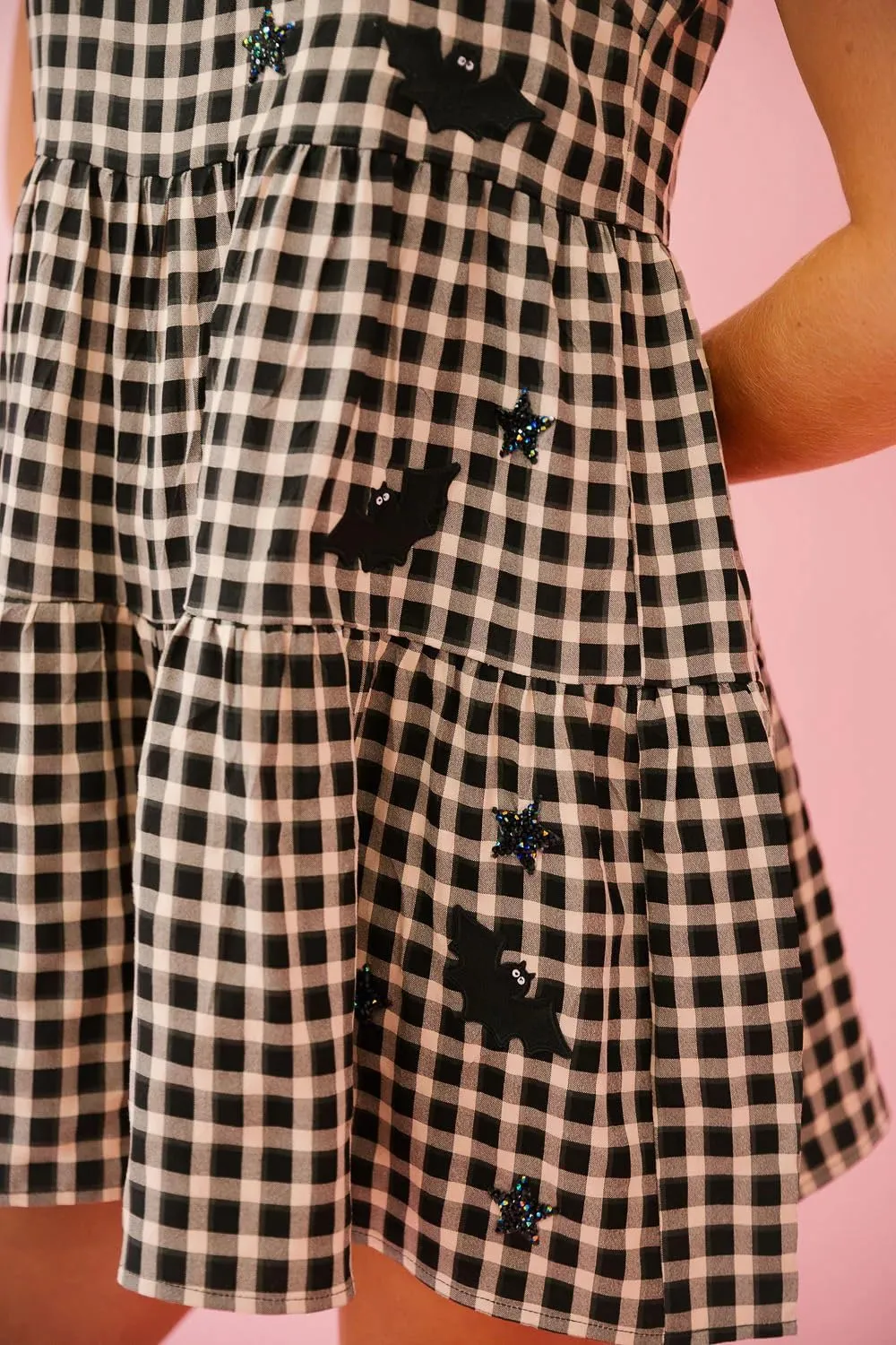 NUFIWI Women Gingham Short Dress Sleeveless Sequin Stars Bat Loose Babydoll Tank Dress Scoop Neck Halloween Mini Dresses