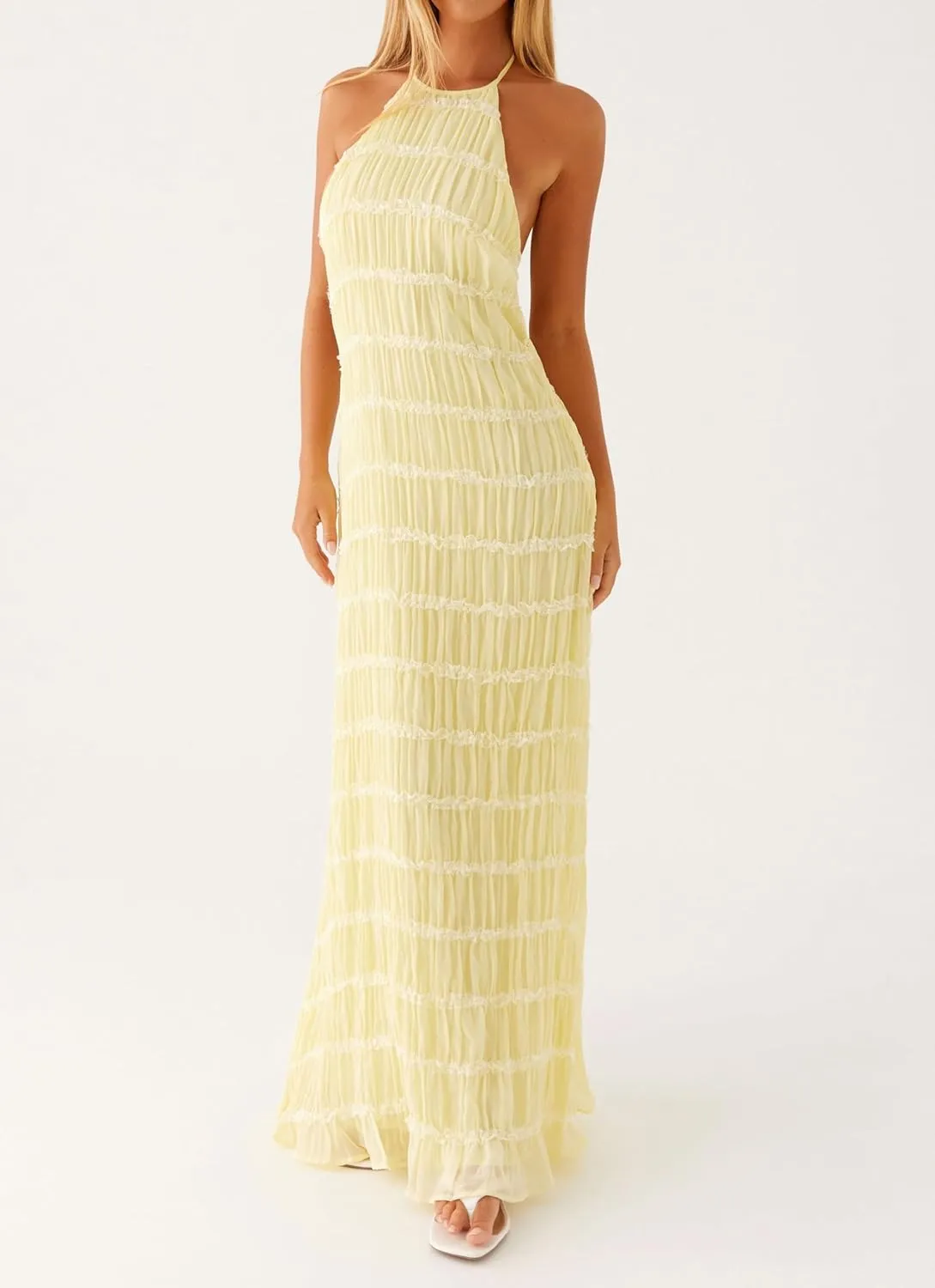 NUFIWI Women Sexy Smocked Maxi Dress Halter Neck Backless Bodycon Long Dress Summer Flowy Beach Vacation Sundress