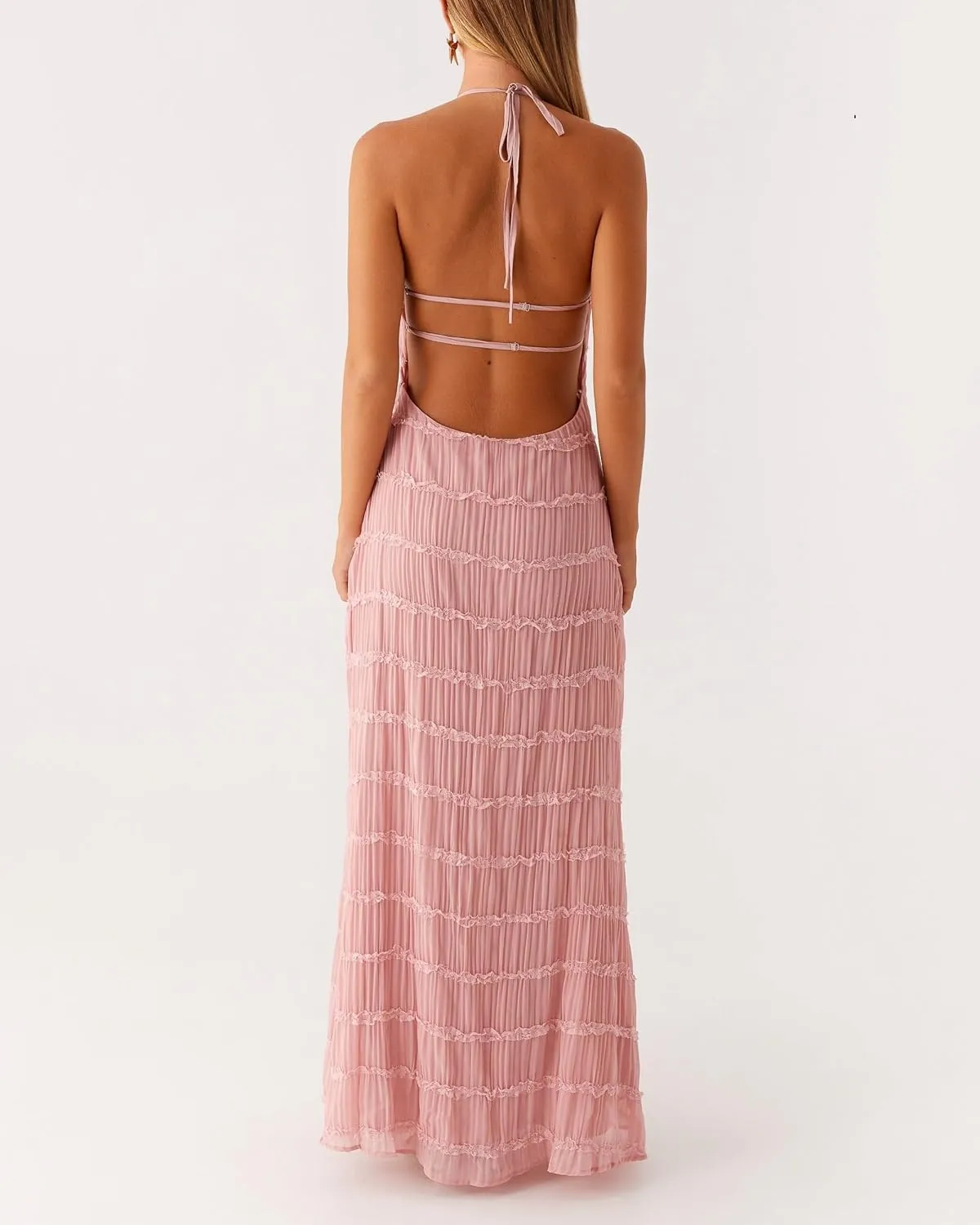 NUFIWI Women Sexy Smocked Maxi Dress Halter Neck Backless Bodycon Long Dress Summer Flowy Beach Vacation Sundress
