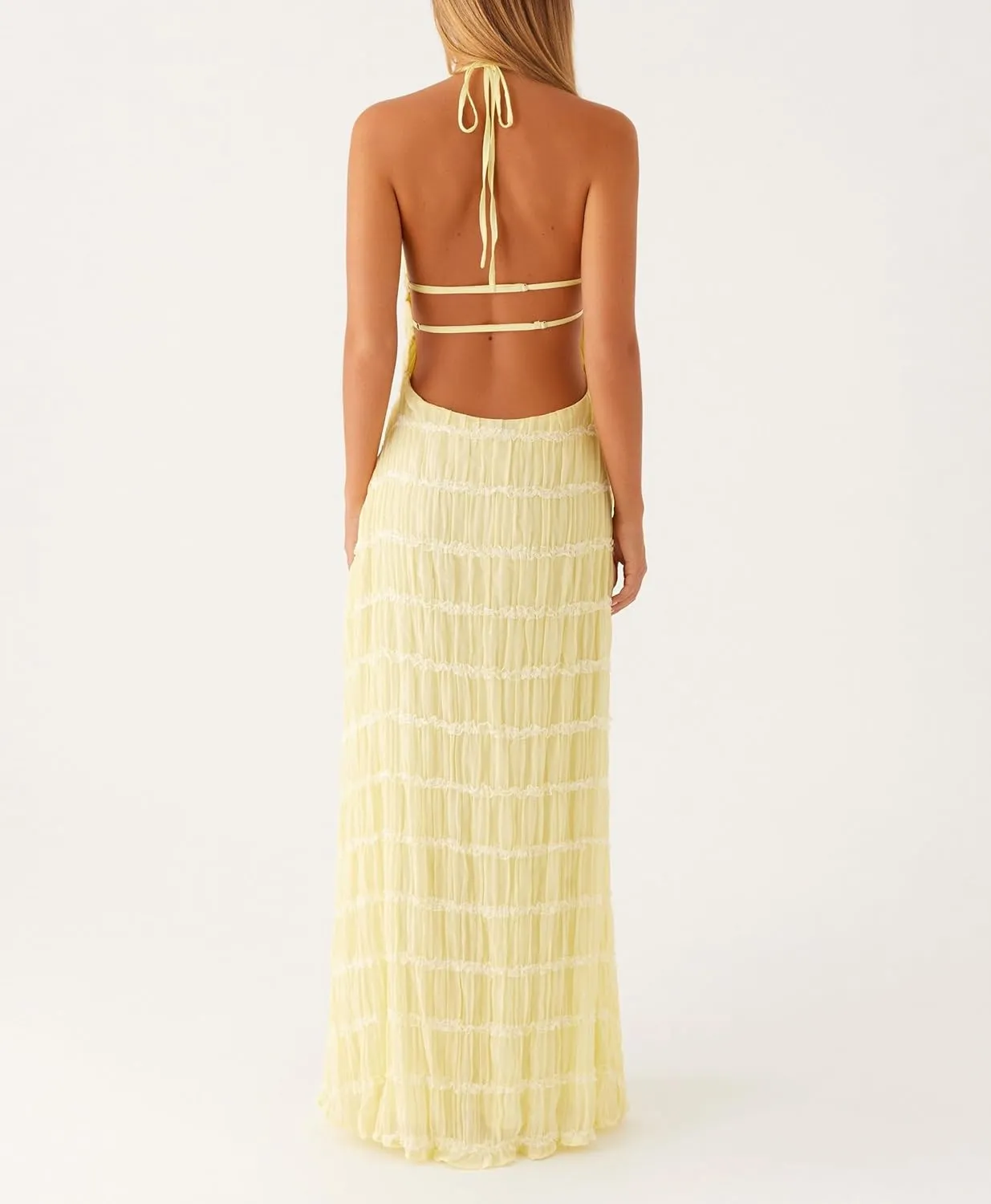NUFIWI Women Sexy Smocked Maxi Dress Halter Neck Backless Bodycon Long Dress Summer Flowy Beach Vacation Sundress
