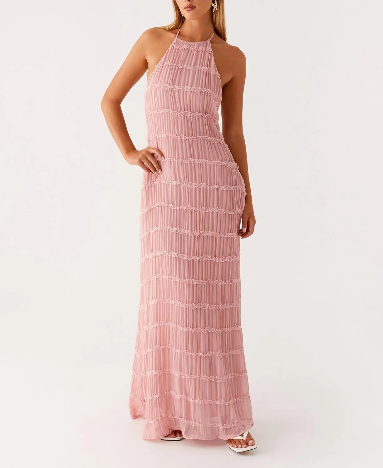 NUFIWI Women Sexy Smocked Maxi Dress Halter Neck Backless Bodycon Long Dress Summer Flowy Beach Vacation Sundress