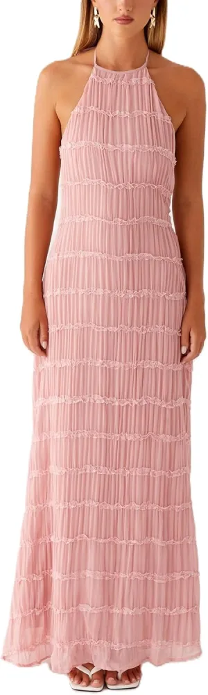 NUFIWI Women Sexy Smocked Maxi Dress Halter Neck Backless Bodycon Long Dress Summer Flowy Beach Vacation Sundress