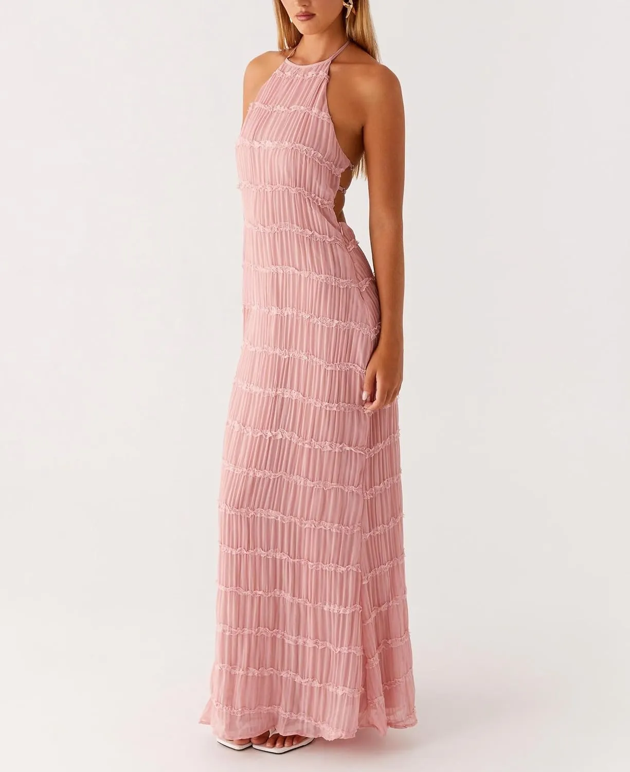 NUFIWI Women Sexy Smocked Maxi Dress Halter Neck Backless Bodycon Long Dress Summer Flowy Beach Vacation Sundress
