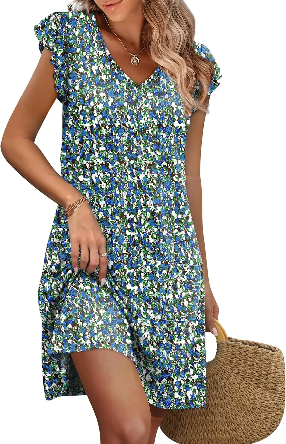 OFEEFAN Womens Summer Dresses 2025 Ruffle Sleeve V Neck Loose Swing Sundresses with Pockets Plain/Print