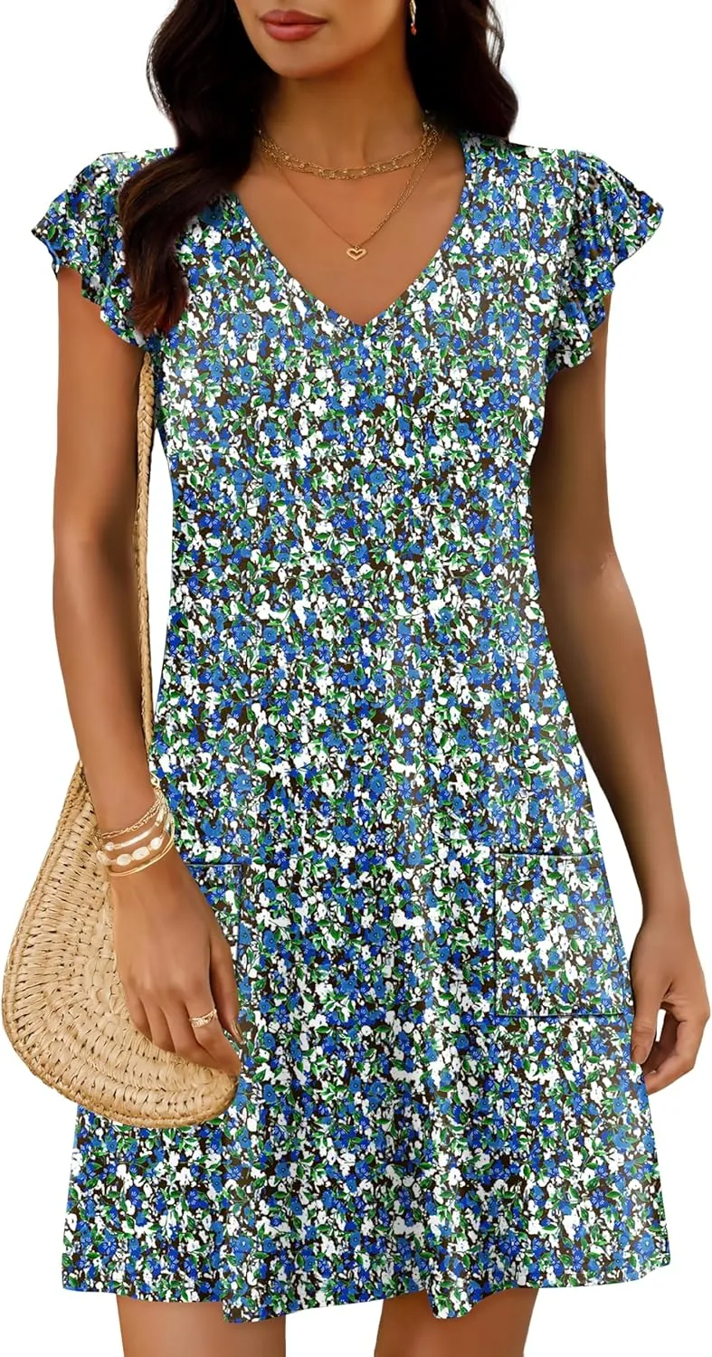 OFEEFAN Womens Summer Dresses 2025 Ruffle Sleeve V Neck Loose Swing Sundresses with Pockets Plain/Print